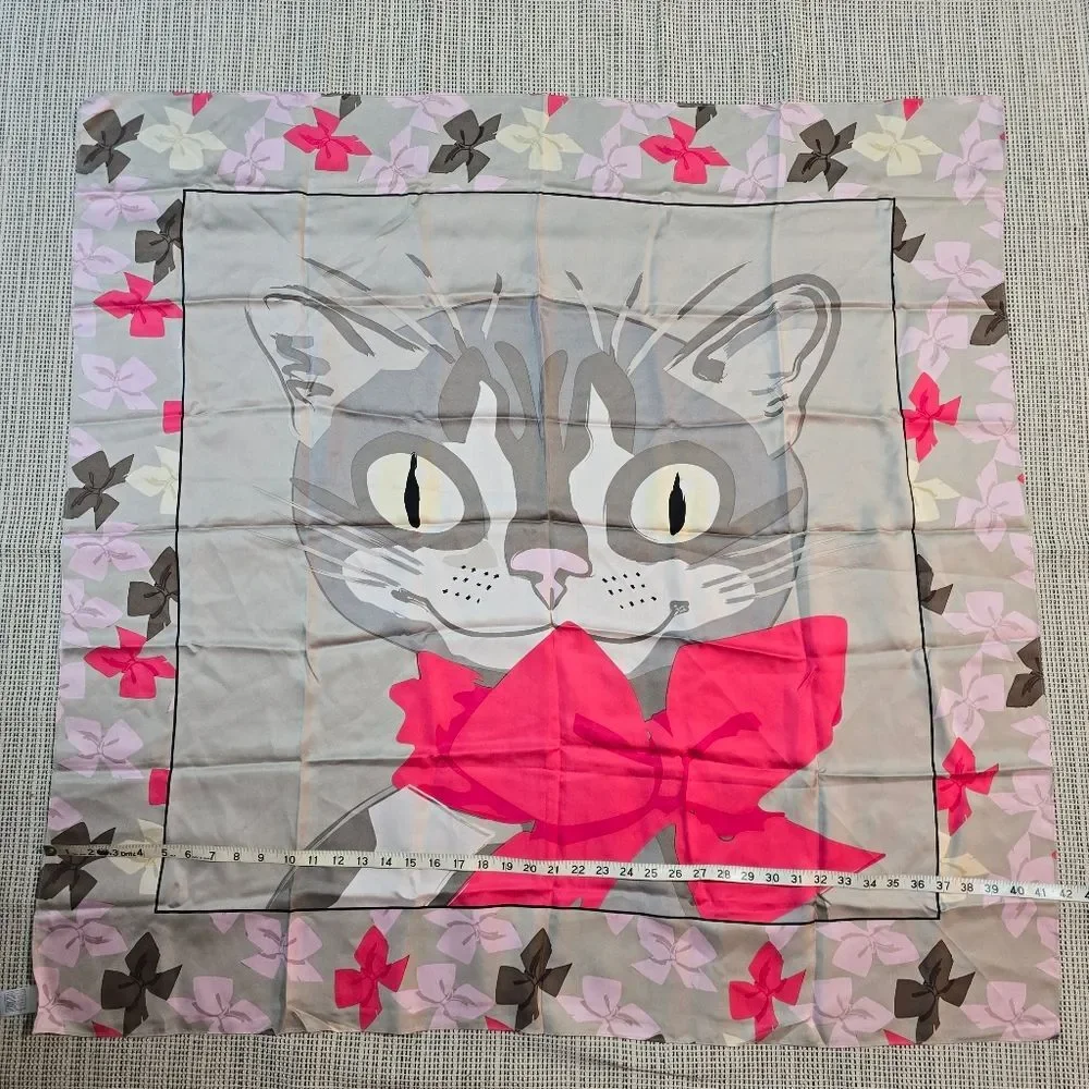 Vintage Very Vollbracht Silk Extra Large Square Scarf Wrap Cat With Bow 41 x 42
